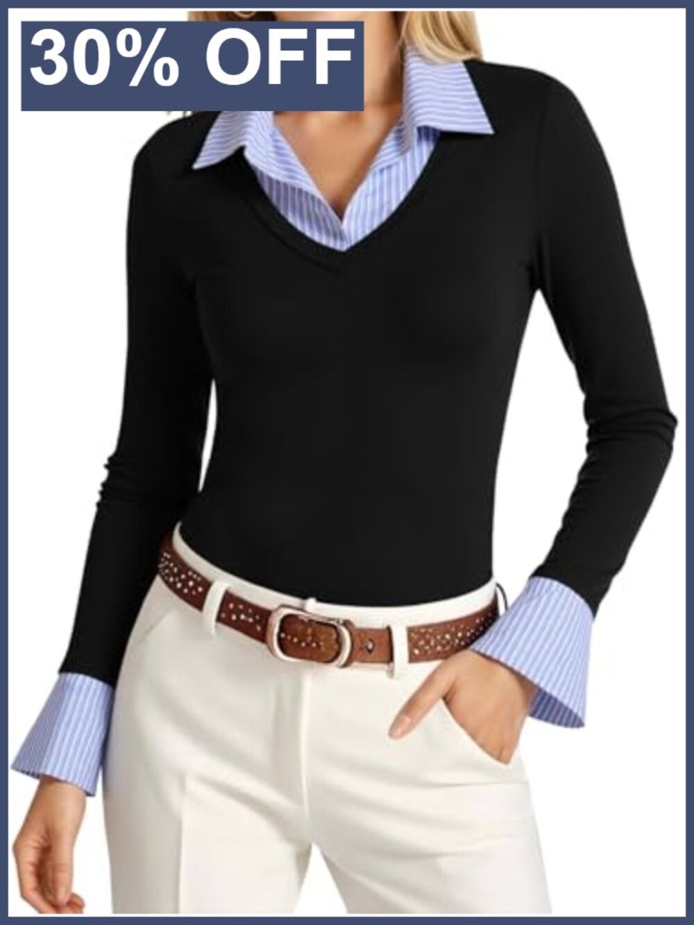 Womens Long Sleeve Polo Shirt V Neck Bell Sleeve Business Casual